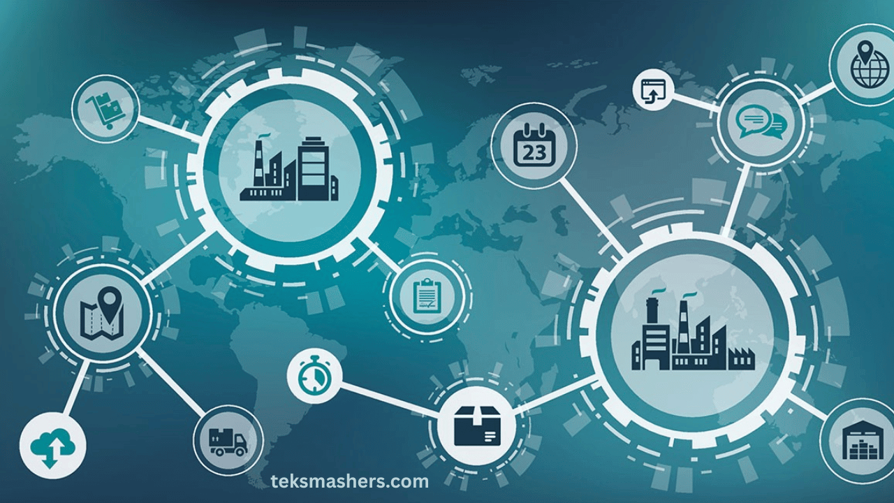 Illustration of modern supply chain management with AI, blockchain, and automation